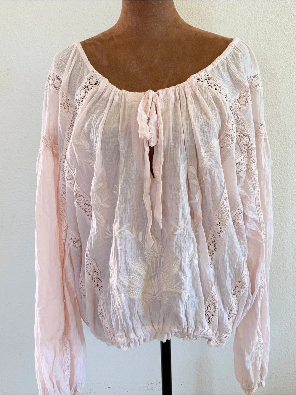 Free People Dusty Pink Peasant Blouse with Tie Neck
